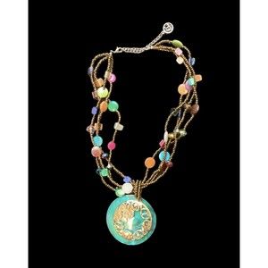 Erica Lyons Beaded Pendant Necklace Chunky Layered Aqua Brown Peach Signed EL